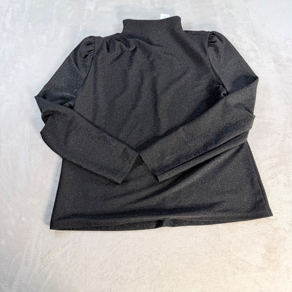 Ann Taylor Mock Neck Puff Shoulder Women L Black Metallic Shimmer Holiday Top